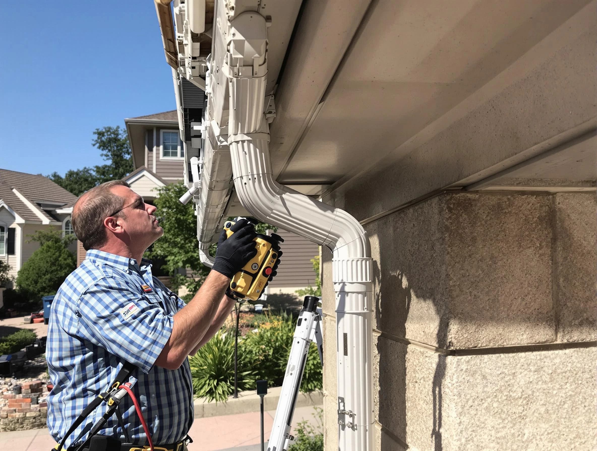 Close-up of a restored downspout system by Green Roofing Company in Green, OH