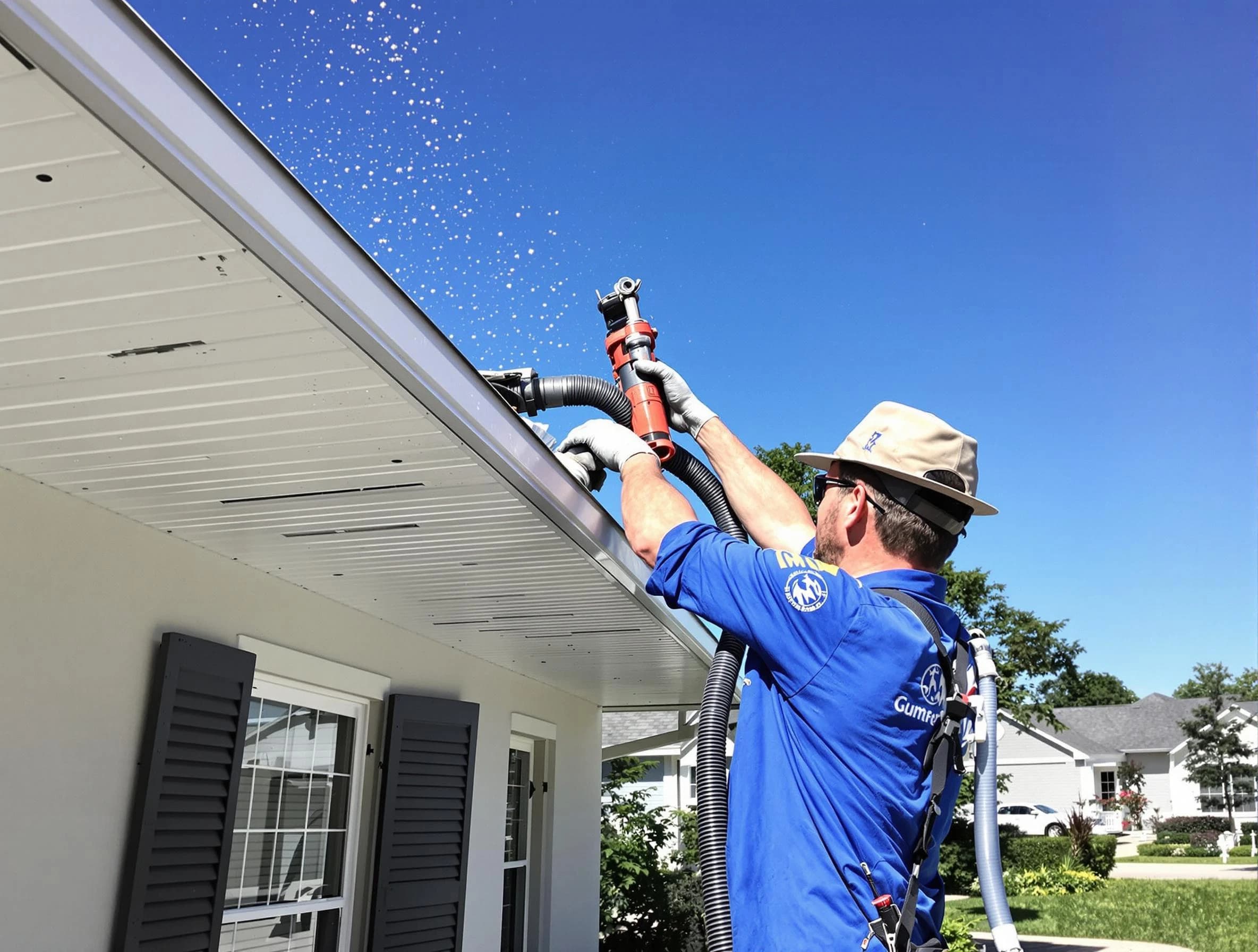 Technician completing a gutter cleaning project by Green Roofing Company in Green, OH