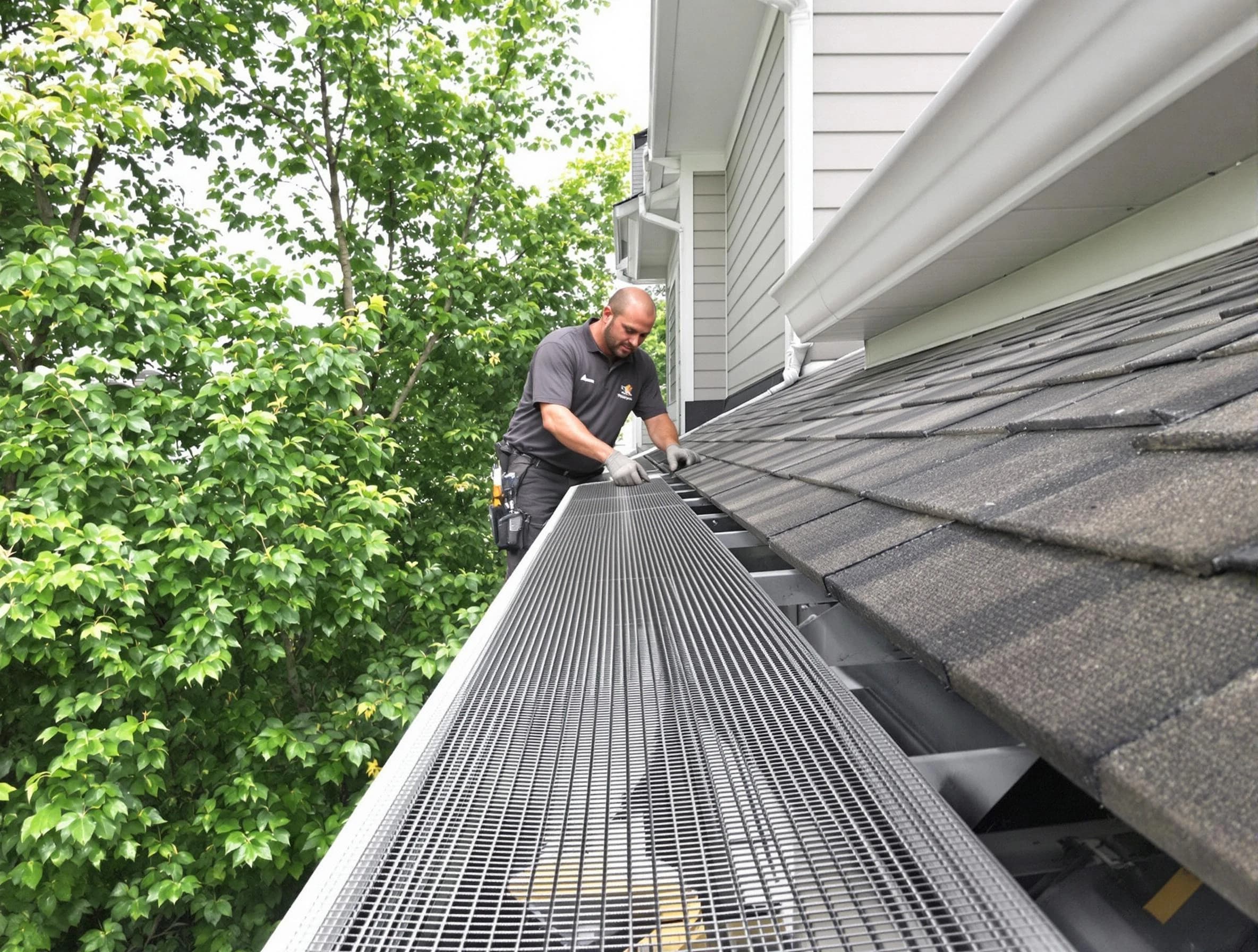 Close-up of gutter guards installed by Green Roofing Company in Green, OH