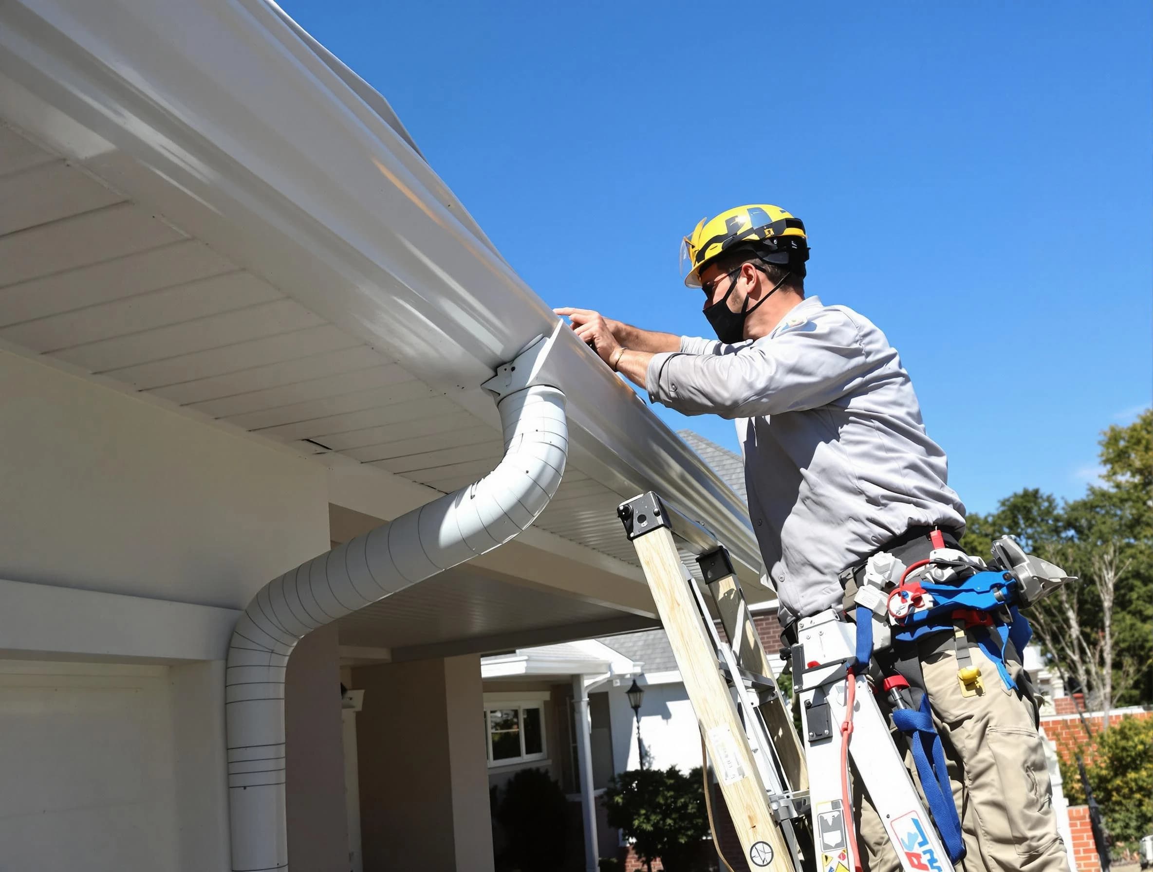 Close-up on a freshly sealed gutter joint by Green Roofing Company in Green, OH