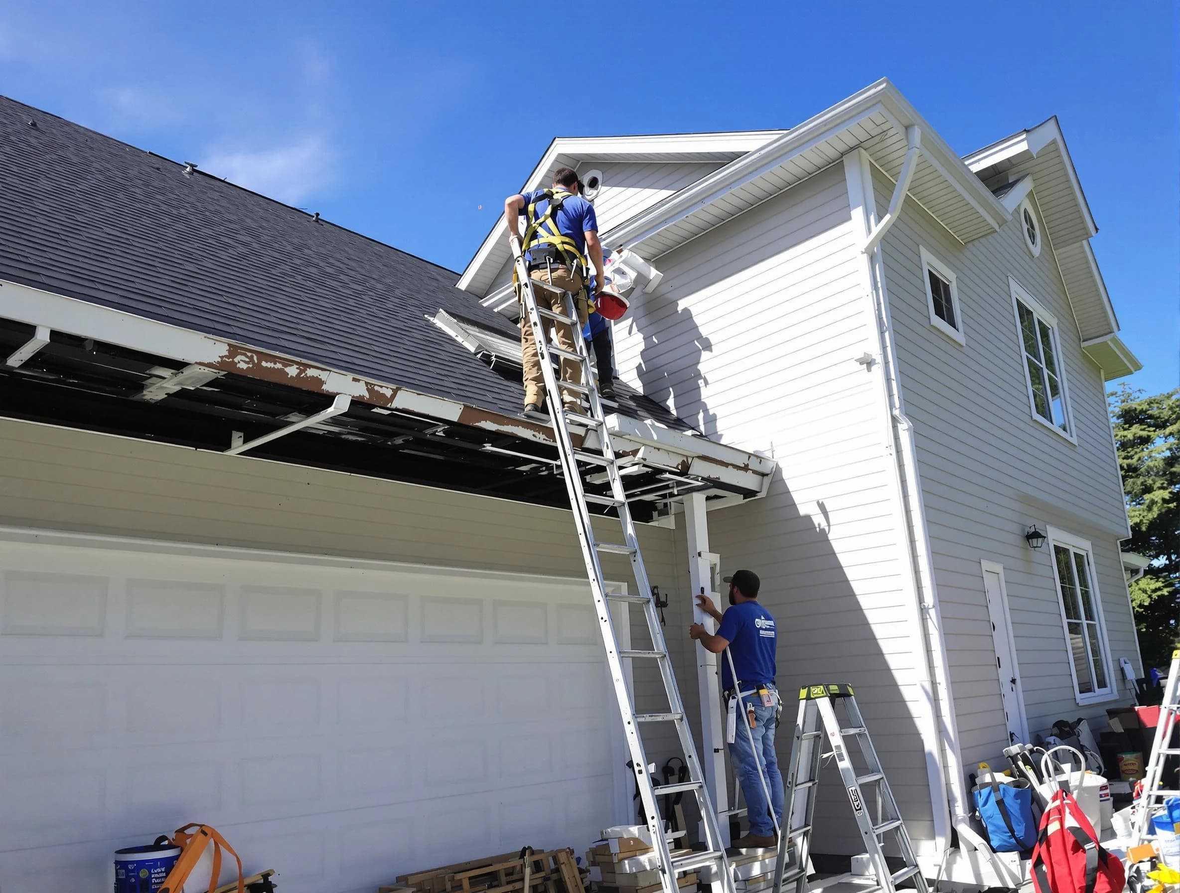 Newly replaced gutters by Green Roofing Company in Green, OH